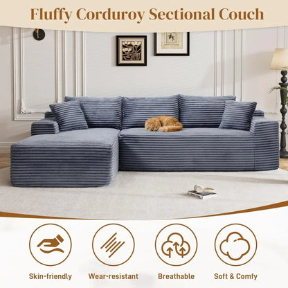 95" Modular Sectional Sofa L Shaped Couch for Living Room, Fluffy Corduroy Deep Seat with Chaise, Grey No Assembly