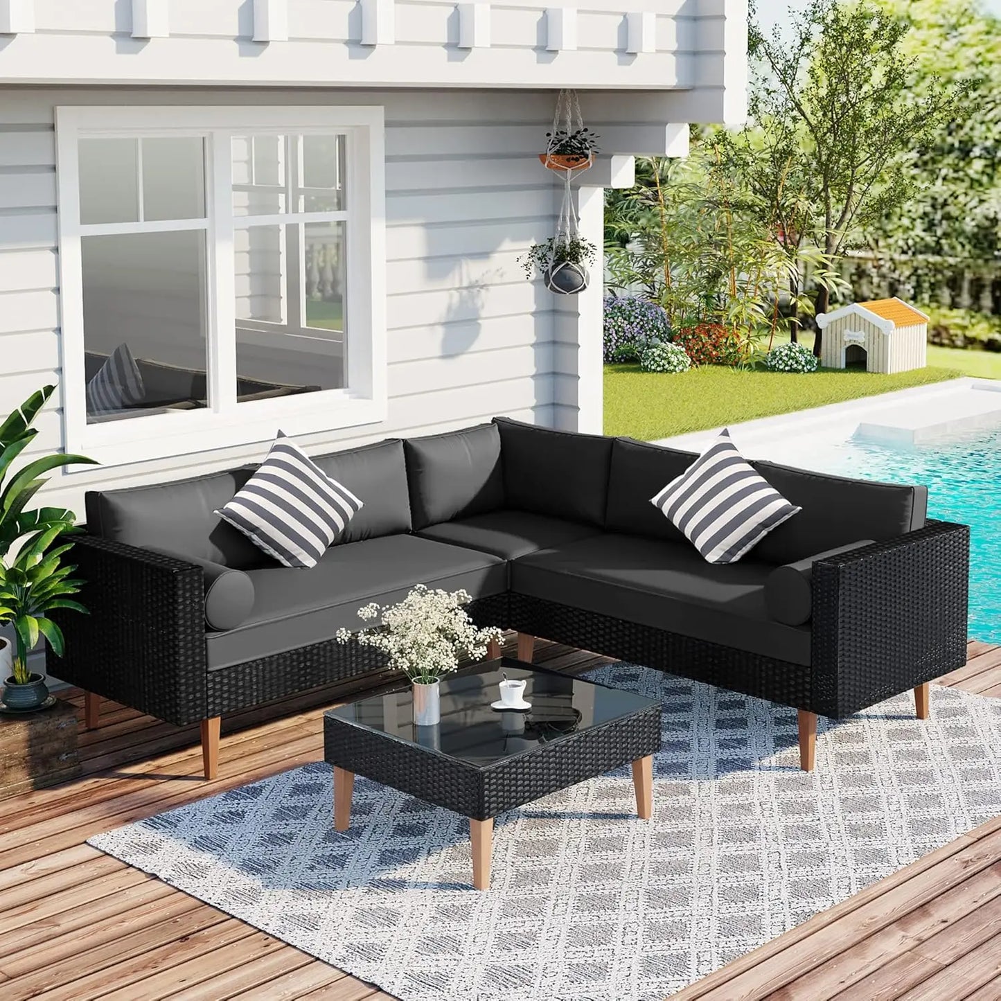 Modern Patio Furniture Set, 6-Piece Outdoor Sectional Sofa Set with Round Nesting Coffee Tables and Seating Sofa, Customized