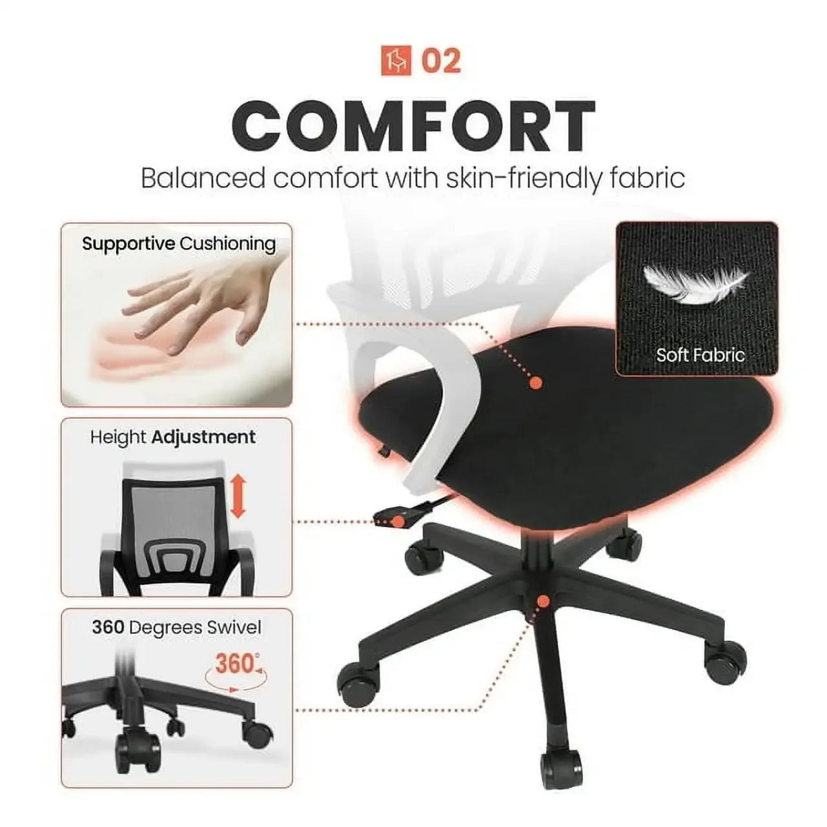 Ergonomic Office Chair, Lumbar Support, Adjustable Height with Armrests for Adults (Black)