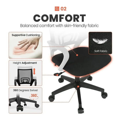 Ergonomic Office Chair, Lumbar Support, Adjustable Height with Armrests for Adults (Black)