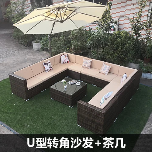 Outdoor rattan sofa, rainproof and sunscreen woven three piece set, tea table combination, outdoor furniture