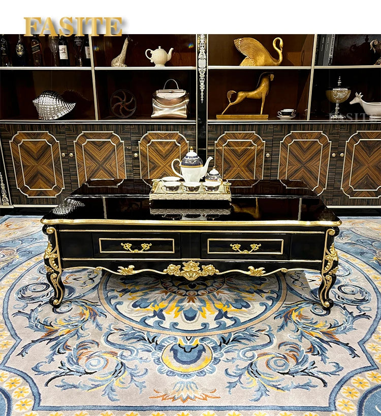 French solid wood large coffee table European rectangular solid wood carving double-layer tea table