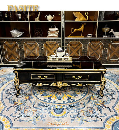 French solid wood large coffee table European rectangular solid wood carving double-layer tea table