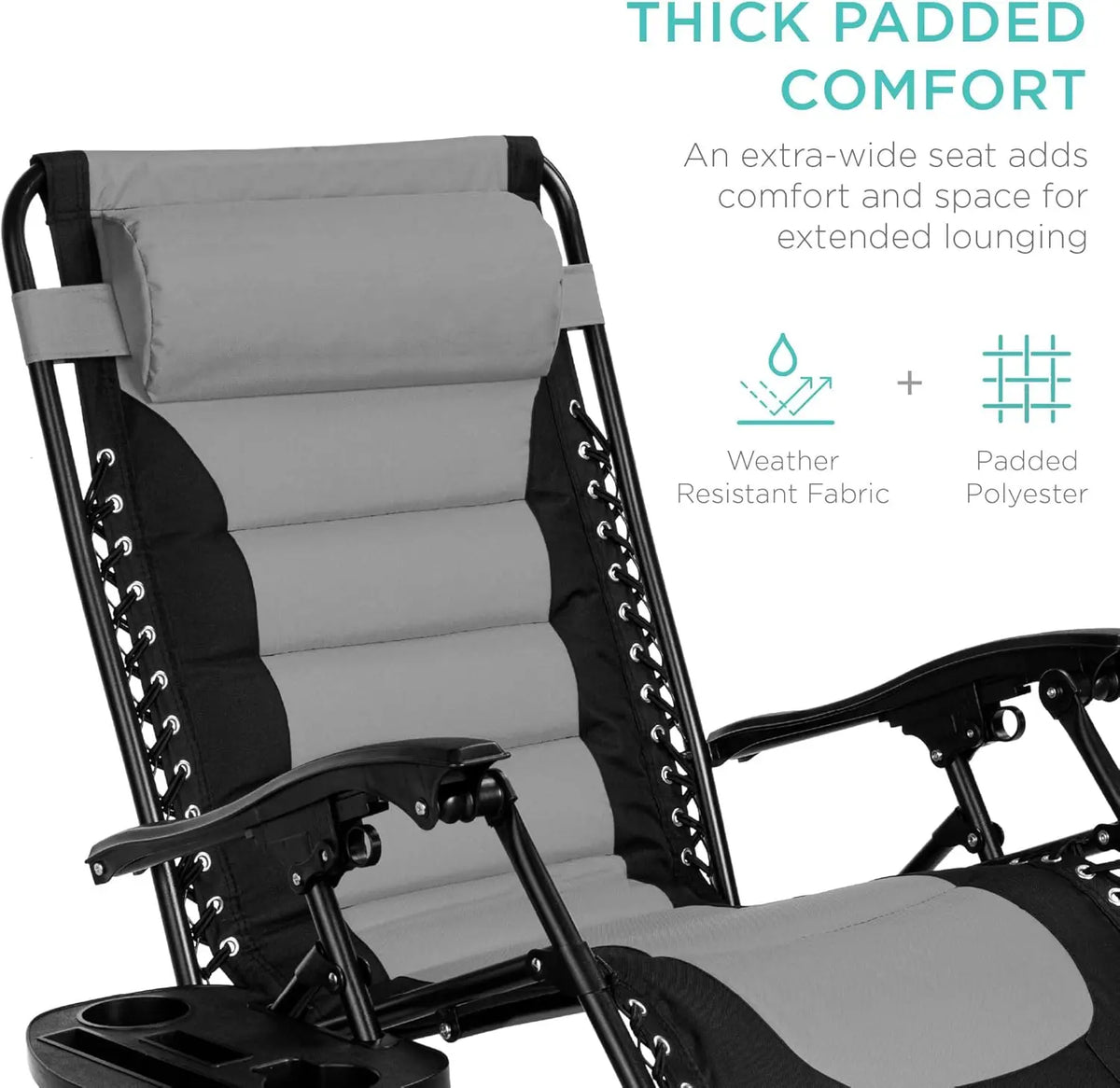 Oversized Padded Zero Gravity Chair, Folding Outdoor Patio Recliner, XL Anti Gravity Lounger for Backyard w/Headrest, Cup Holder