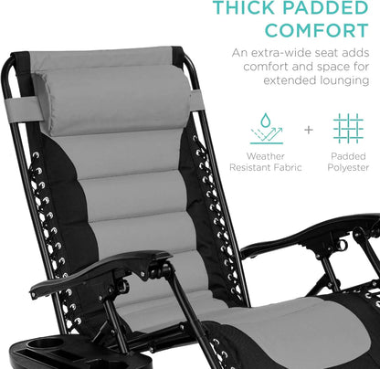Oversized Padded Zero Gravity Chair, Folding Outdoor Patio Recliner, XL Anti Gravity Lounger for Backyard w/Headrest, Cup Holder