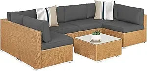 Seven Piece Modular Set, Outdoor Sectional Wicker Patio, Conversation With Two Pillows, Coffee Table Cover Included