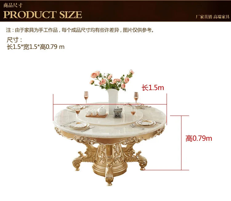 European white ice jade marble gold round dining table and chair combination European luxury solid wood dining table