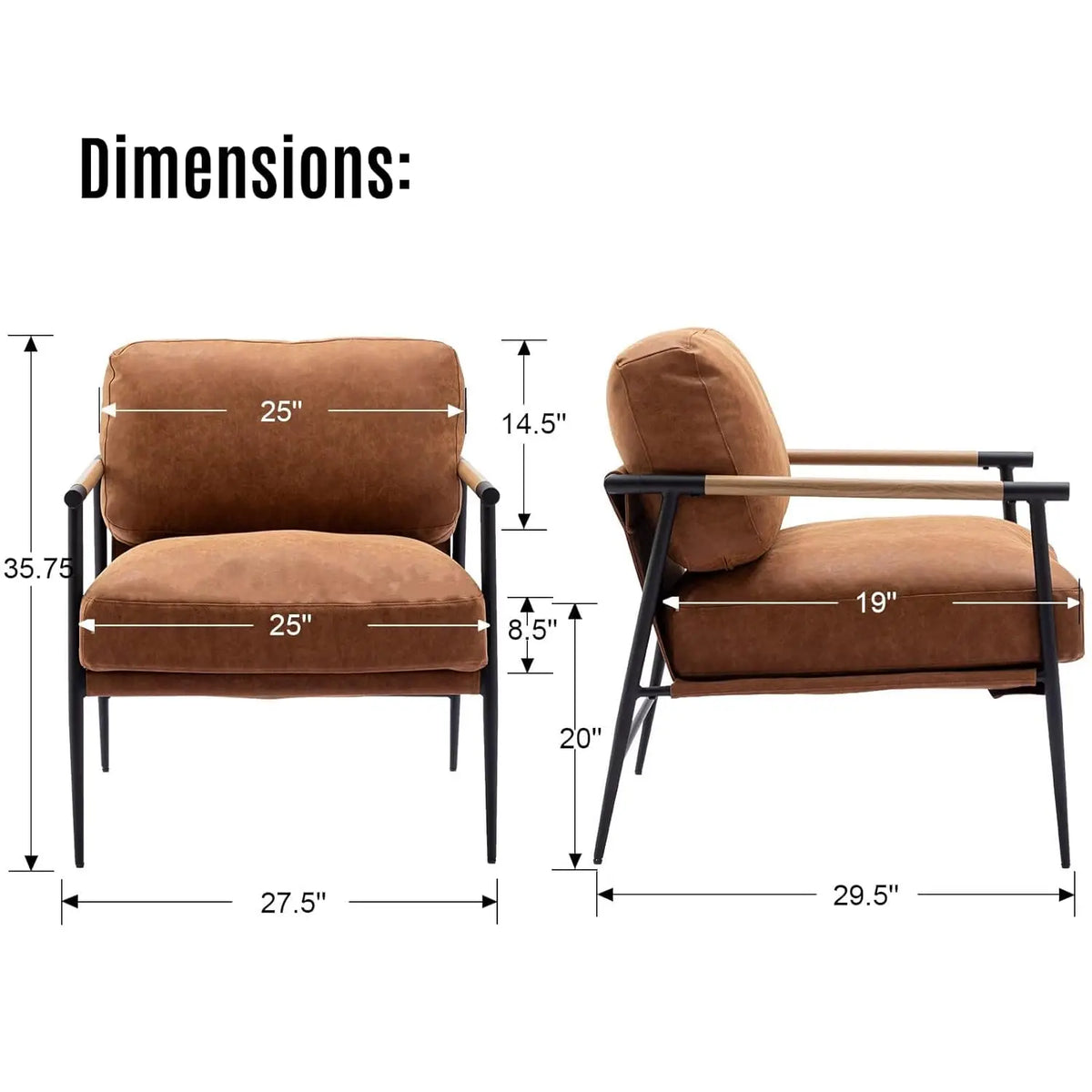 Mid-Century Leather Accent Chair Brown Modern Living Room Chair with Metal Legs Armchair Upholstered Comfy Leisure, Customized