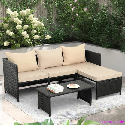 3-Piece Outdoor PE Rattan Furniture Set Patio Black Wicker Conversation Loveseat Sofa Sectional Couch Khaki Cushion