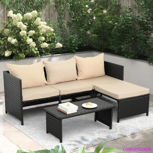 3-Piece Outdoor PE Rattan Furniture Set Patio Black Wicker Conversation Loveseat Sofa Sectional Couch Khaki Cushion