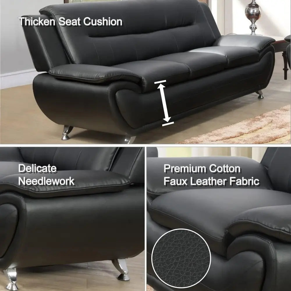 ern 3 Piece Living Room Couch Set, aux Leather Soa Set, Black