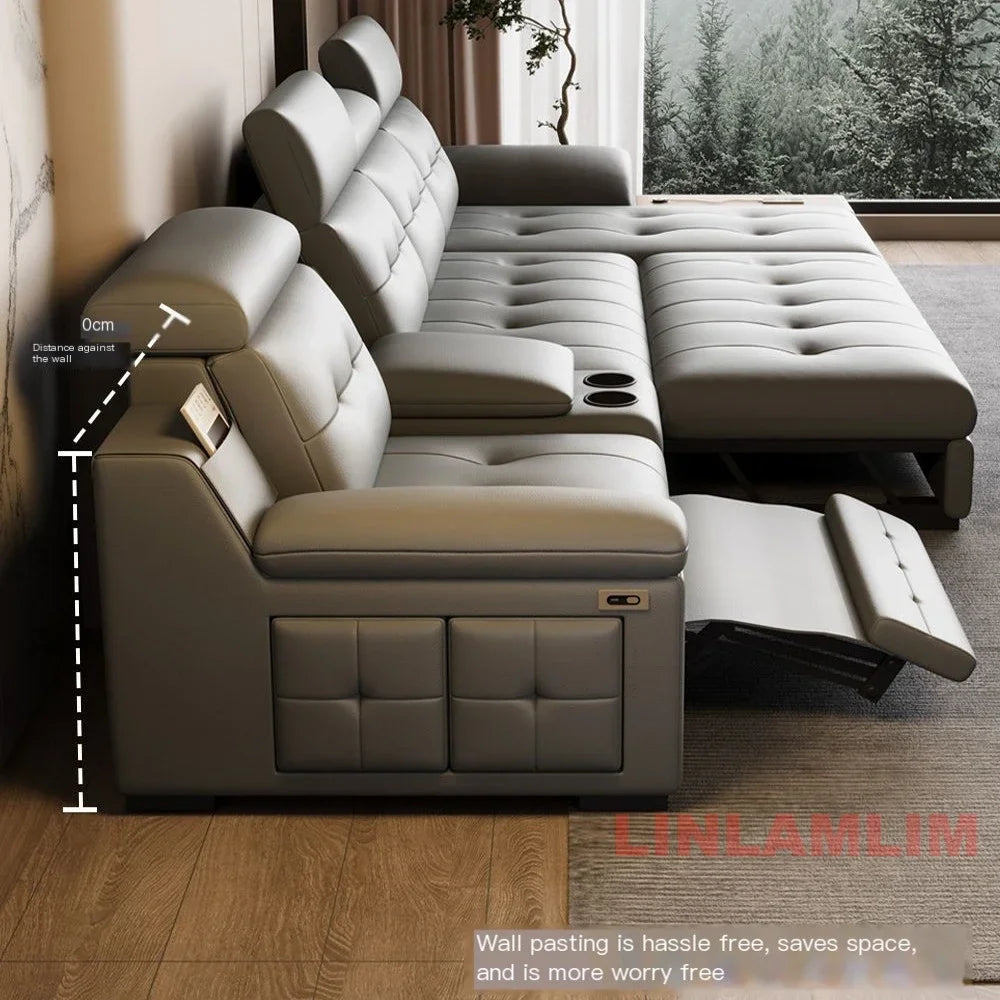 Electric Reclining Sectional Sofa Bed with Cup Holder & Adjustable Headrests – Italian Genuine Leather Convertible Sleeper Couch