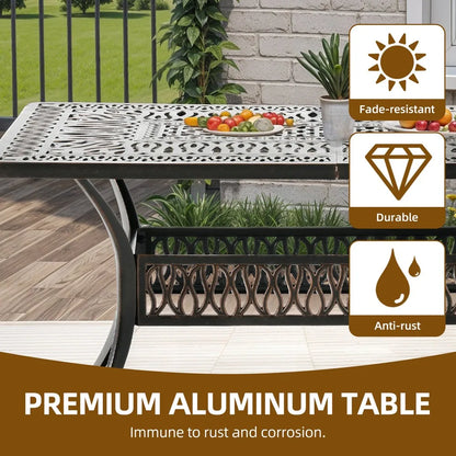 59'' Cast Aluminum Outdoor Patio Dining Table for 6-8 Person with Umbrella Hole