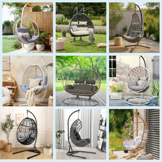 Patio Indoor Outdoor PE Rattan Steel Frame Hanging Egg Shaped Swing Chair with Cushion Stand for Balcony Villa Egg Swing Chair