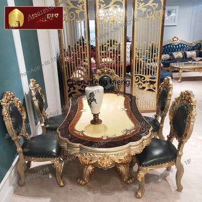 European oval 1.8 meters long dining table and chairs combination villa solid wood carving flower atmosphere dining table