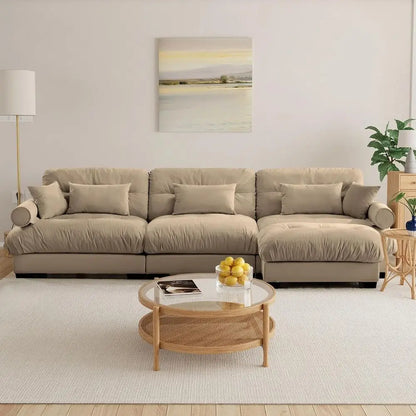 Camel Velvet 3-Seat Cloud Sectional Sofa with Ottoman, 130 L-Shaped Couch for Family Living Room, Pet-Friendly, Deep Seating, Hi