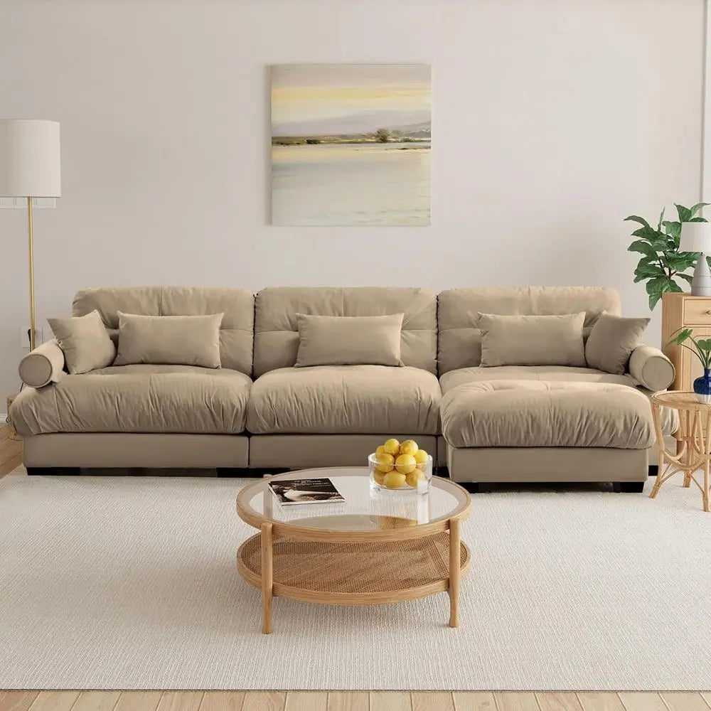 Camel Velvet 3-Seat Cloud Sectional Sofa with Ottoman, 130 L-Shaped Couch for Family Living Room, Pet-Friendly, Deep Seating, Hi