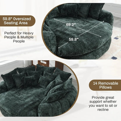 81" Round Bean Bag Chaise Lounge, Plush Sofa Includes 14 Pillows, Emerald