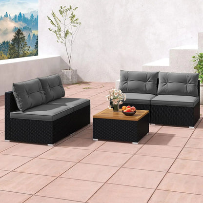 5pc PE Rattan Sectional Set 4 Armless Sofas Acacia Table Cushioned Garden Poolside Backyard Grey Customized