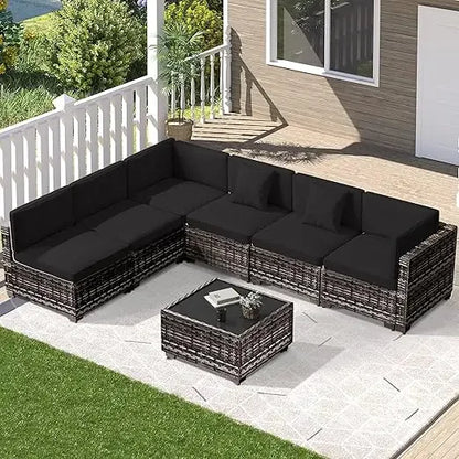 7-piece outdoor patio set, rattan chairs, glass table, wicker sectional for conversation seating