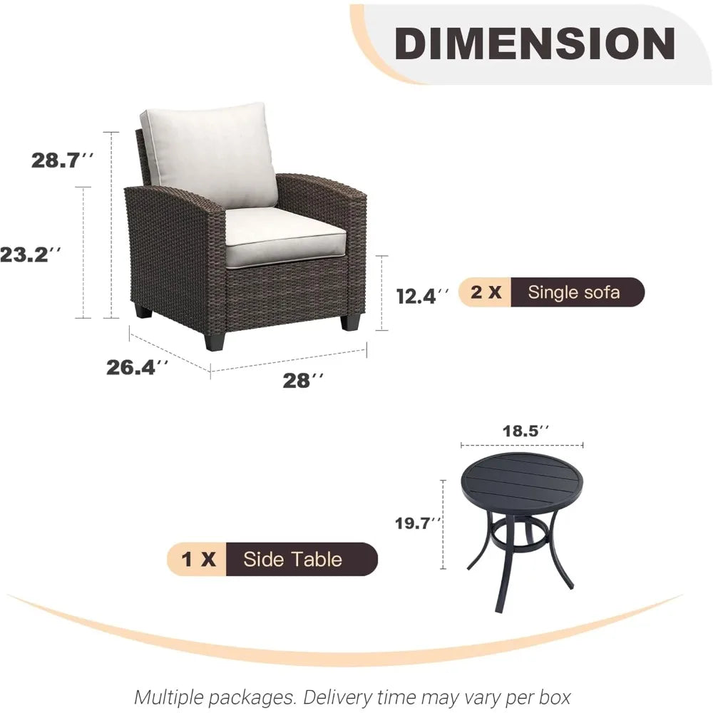 3-Piece Outdoor Wicker Furniture Set with Two Chairs and Metal Side Table for Patio Conversations