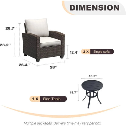 3-Piece Outdoor Wicker Furniture Set with Two Chairs and Metal Side Table for Patio Conversations