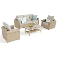 4-Piece Outdoor Patio Furniture Set, Wicker Rattan Conversation Set with 3-Seat Sofa, 2 Chairs, and Coffee Table