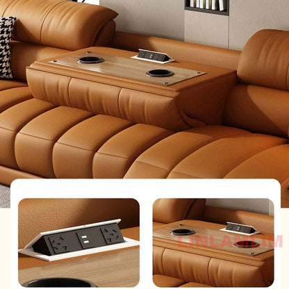 Modern Electric Reclining Sofa with Adjustable Footrest, USB, and Foldable Center Console – Italian Genuine Leather Power Sofa