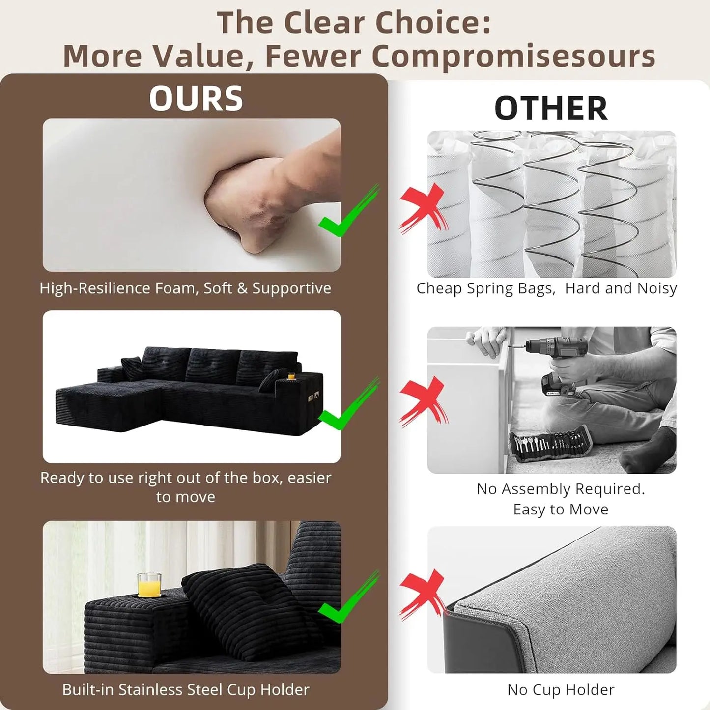 109" Boneless Couches for Living Room, Modular Sectional Sofa with Oversized Chaise, L-Shape Cloud Couch with Deep, Customized