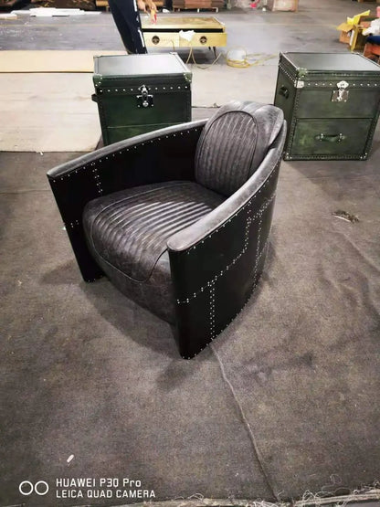 American Vintage Distressed Leather Armchair Hotel Sofa Accent Chair Aluminium Armrest Loft Aviation Chairs Aviation Furniture