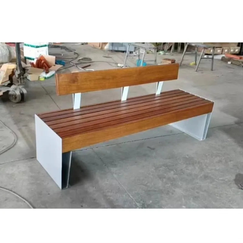 Meubles urbains d'extérieur modernes, banc en acier inoxydable, chaise de jardin en métal, parc, sièges en bois de teck, 2-3 places avec dossier