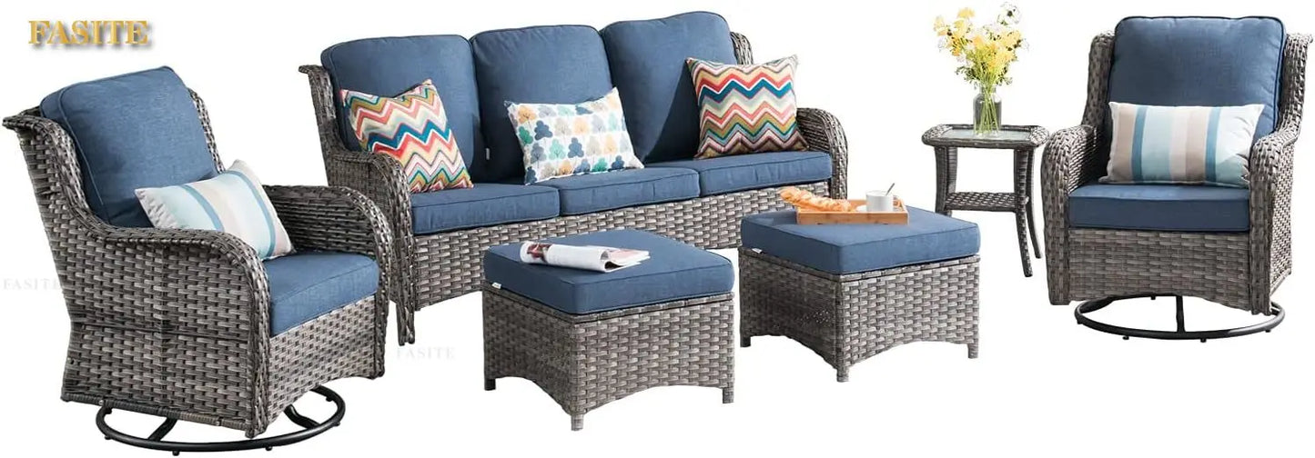 50,000 BTU Rectangular Propane Fire Pit Table 7-Piece High-Back Conversation Sofa and Matching Side Table,Grey Rattan Denim Blue