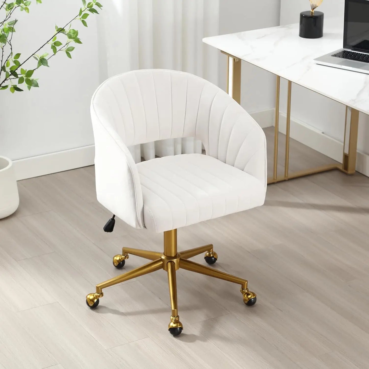 Modern Velvet Swivel Desk Chair, Height Adjustable Armchair with Gold Base, Ergonomic Office Chair for Home Office, Cream