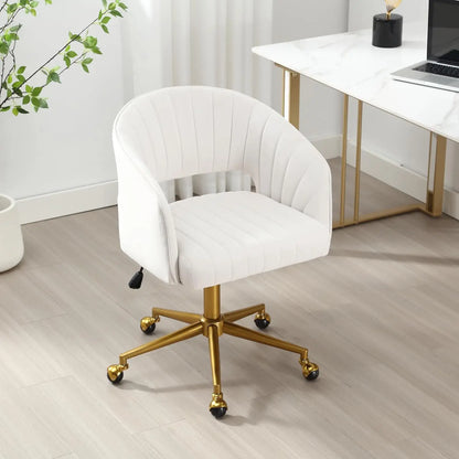 Modern Velvet Swivel Desk Chair, Height Adjustable Armchair with Gold Base, Ergonomic Office Chair for Home Office, Cream
