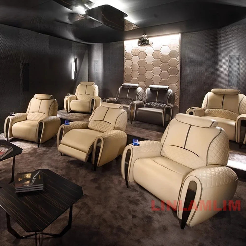 Luxury Electric Recliner Theater Seating Sofa – Modern Home Theater Chairs with LED Lighting, USB, Massage, Cooling Cup Holder
