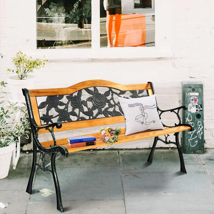 50 Cast Iron & Hardwood Patio Loveseat, Weather-Resistant Outdoor Bench for 2, Suitable for Porch and Garden