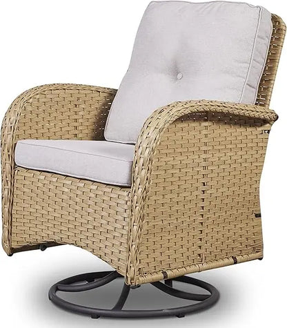 Patio Furniture Swivel Glider PE Wicker Chair, Outdoor Swivel Rocker Seating with Cushions for Porch Deck Balcony, Brown/Gray