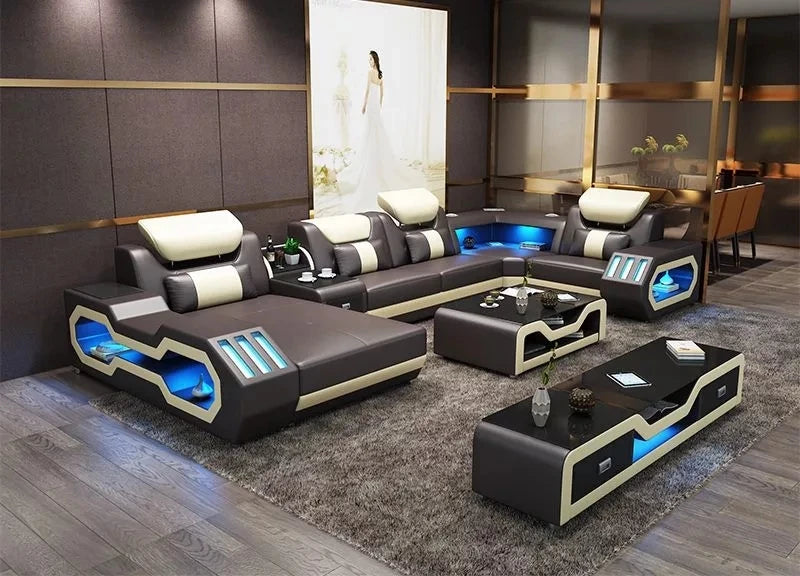 European Design Style LED Electric Sectional Sofa Set Top Microfiber Leather Home Furniture For Luxury Villa Living