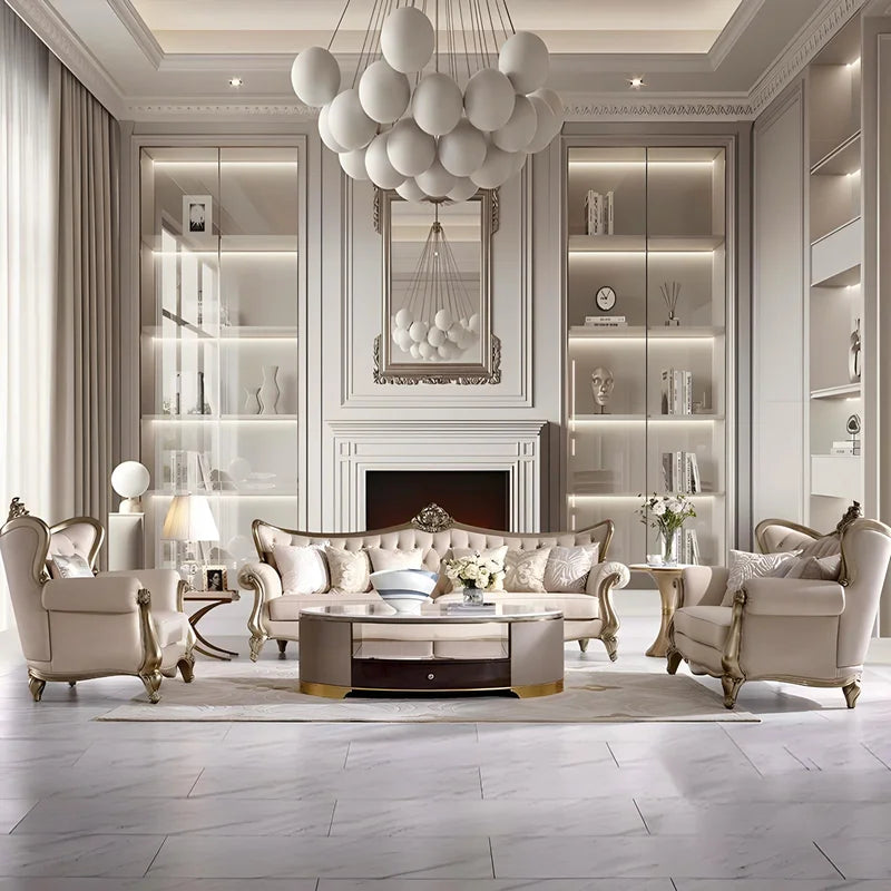 French cream wind solid wood leather living room sofa combination luxury villa sofa high-end luxury