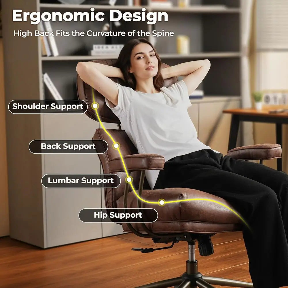 Ergonomic Century Modern Leather High-Back Swivel Chair with Plush Cushion, Brown Suede (Executive Office)