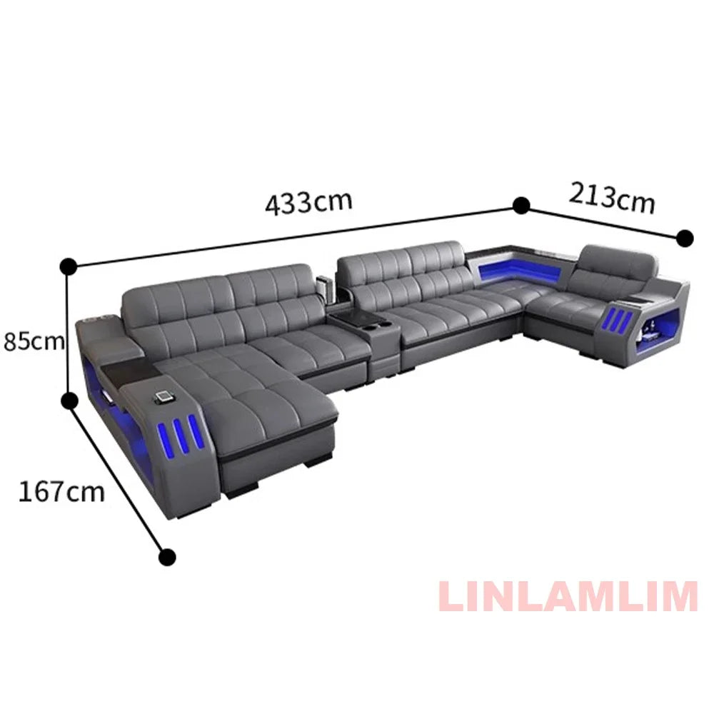 Modern Sectional Sofa Bed with LED Light, Electric Recliner and Massage | Living Room Genuine Leather Couch with Cup Holder, USB