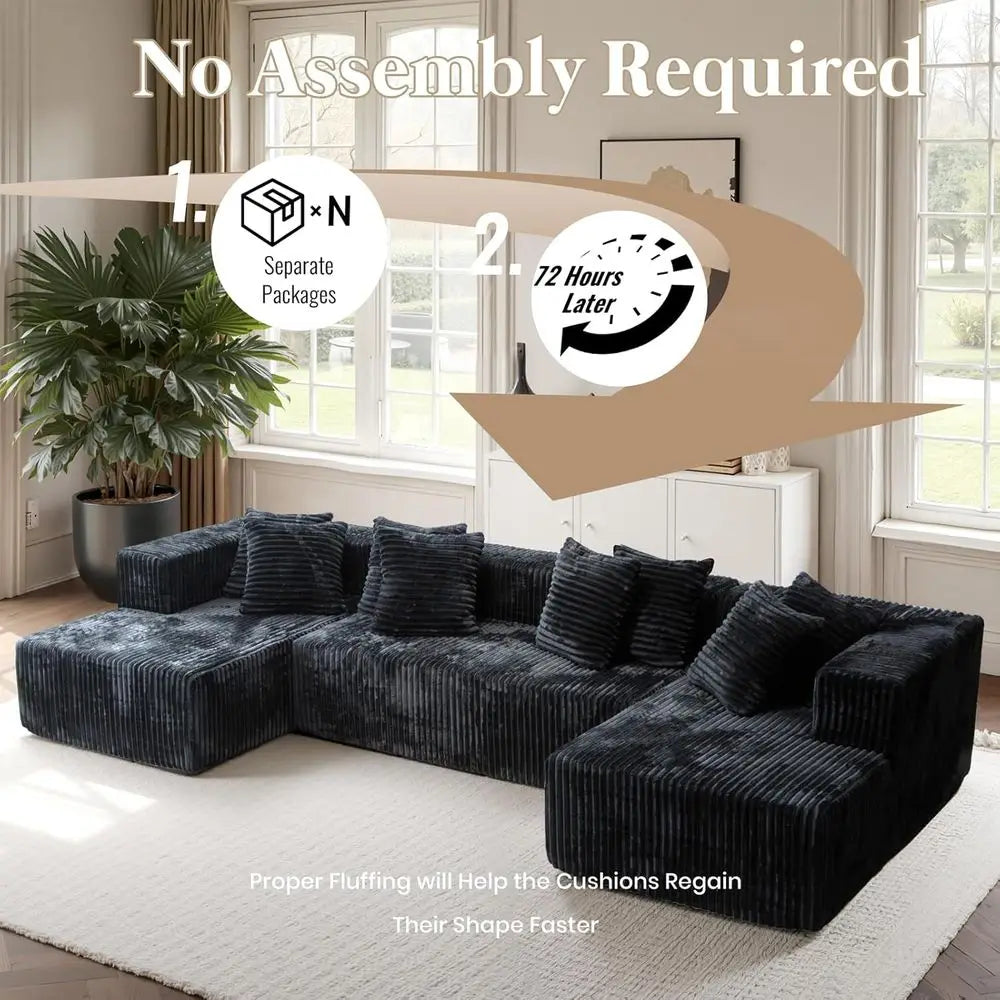 130 Black Bonded Leather Cloud Sofa with 2 Chaise Lounges, 4-in-1 Flexible Layered Foam Cushion, Deep Seating, No Assembly Neede