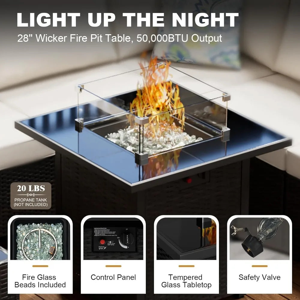 8 Piece Outdoor Patio Furniture Set with Fire Pit, Wicker Outdoor Sectional Sofa for Deck, Garden, Lawn