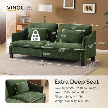 Extra Deep Seat 3-Seater Sofa with Piped Cushions and Throw Pillows, Linen Velvet Fabric for Living Room, Bedroom, or Office