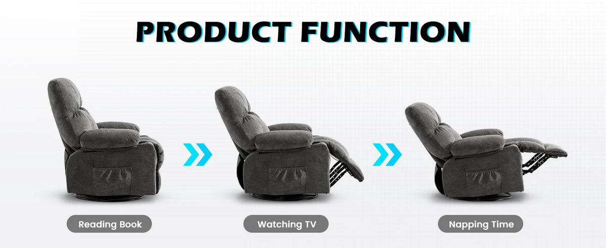 MAHOMICO Recliner Chair Oversized Swivel Rocker with Vibration Massage & Lumbar Heating, 360° Swivel, USB Charging Port