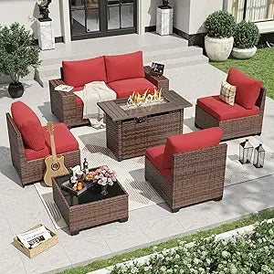 7 Pieces Patio Furniture Set with 44” Fire Pit Table Wicker Rattan Sectional Conversation Set with Coffee Table and 4”