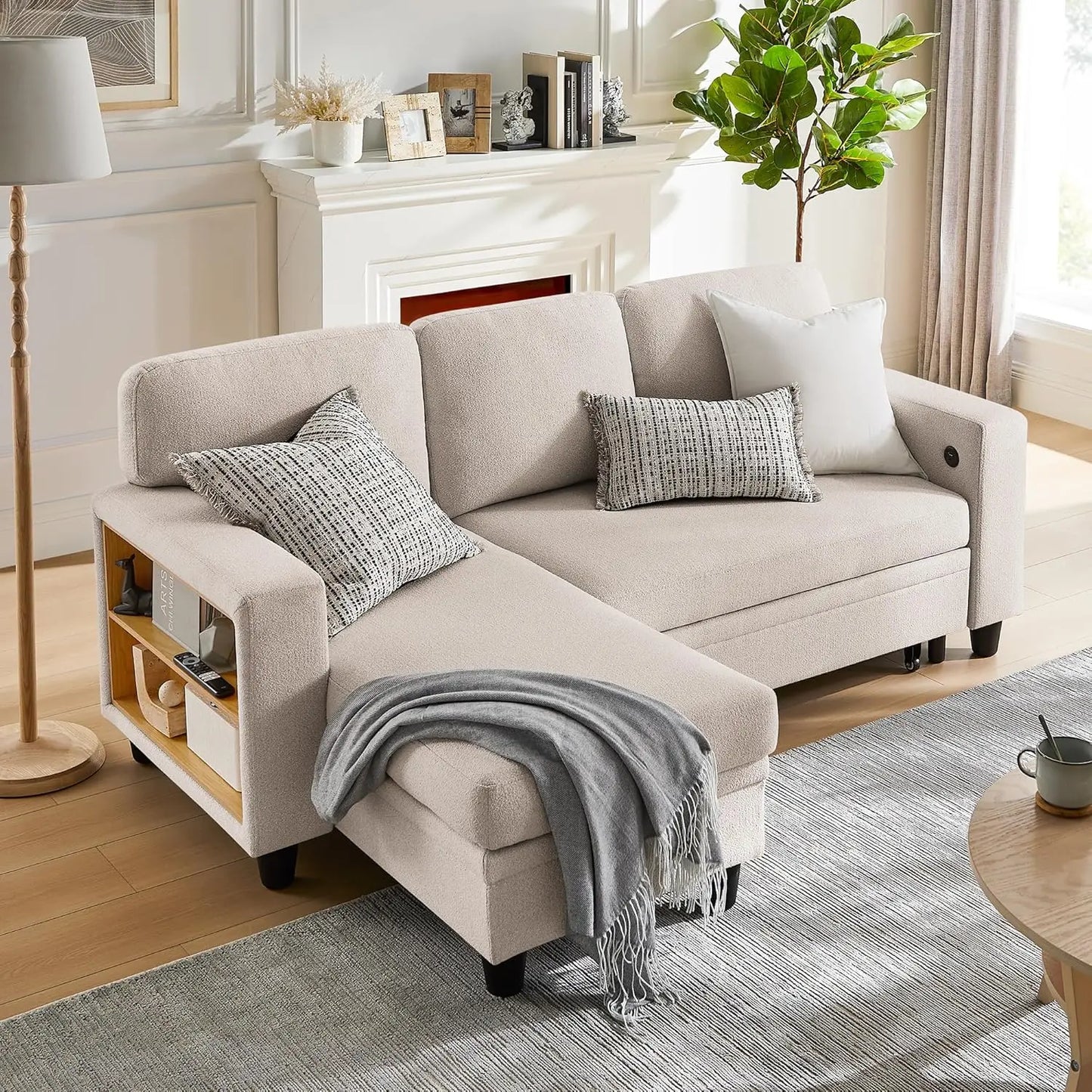 80” Sleeper Sofa Bed,L-Shaped Convertible Sectional Couch with Storage Chaise,2 Built-in Bookshelves and USB Charging Port