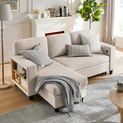 80” Sleeper Sofa Bed,L-Shaped Convertible Sectional Couch with Storage Chaise,2 Built-in Bookshelves and USB Charging Port