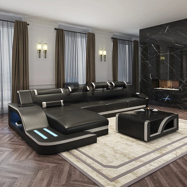 Living Room Leisure Sectional Black Leather Sofa Furniture Set