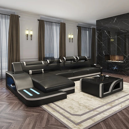 Living Room Leisure Sectional Black Leather Sofa Furniture Set